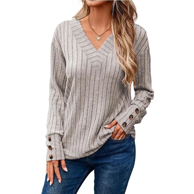 Autumn Fashion Casual Knitted Women T-shirt Winter Long Sleeved Tops V-neck Solid Color Tee Loose Shirts Buttons Clothing