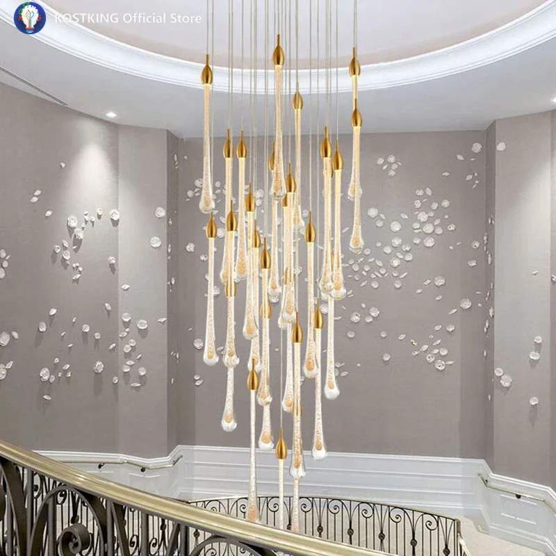 

Luxury Modern Crystal Chandelier Water Drop Staircase Golden Drop Design Led Crystal Lamp Long Villa Lobby Hanging Lighting Fixt