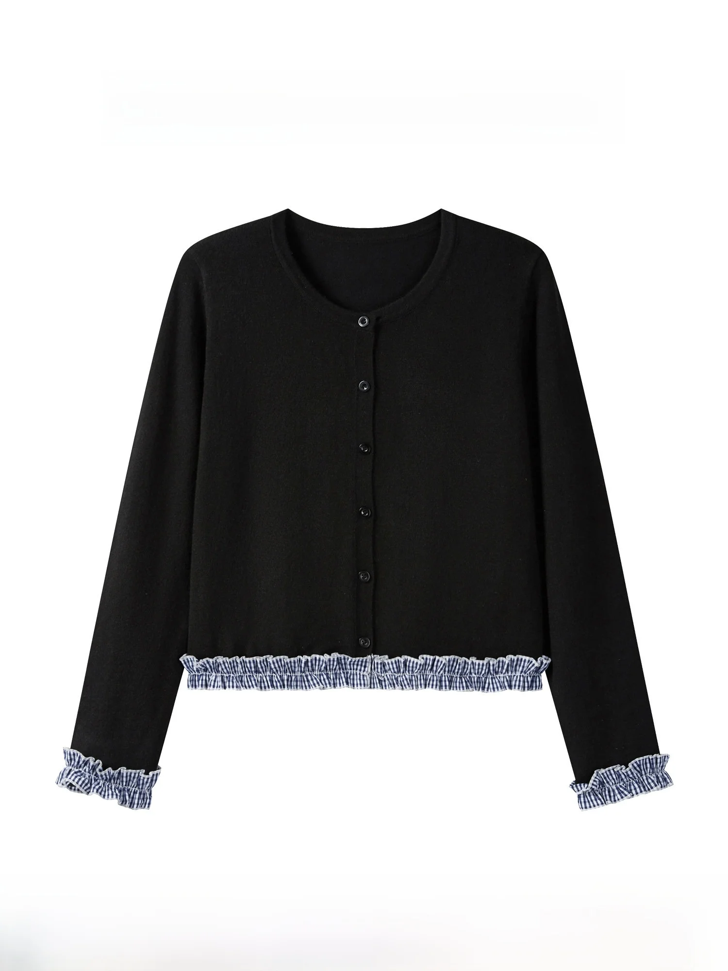 

Черный вязаный свитер в клетку для женщин, осенний дизайн, универсальный открытый кардиган из мягкой полиэстеровой смеси с длинными рукавами и круглым вырезом