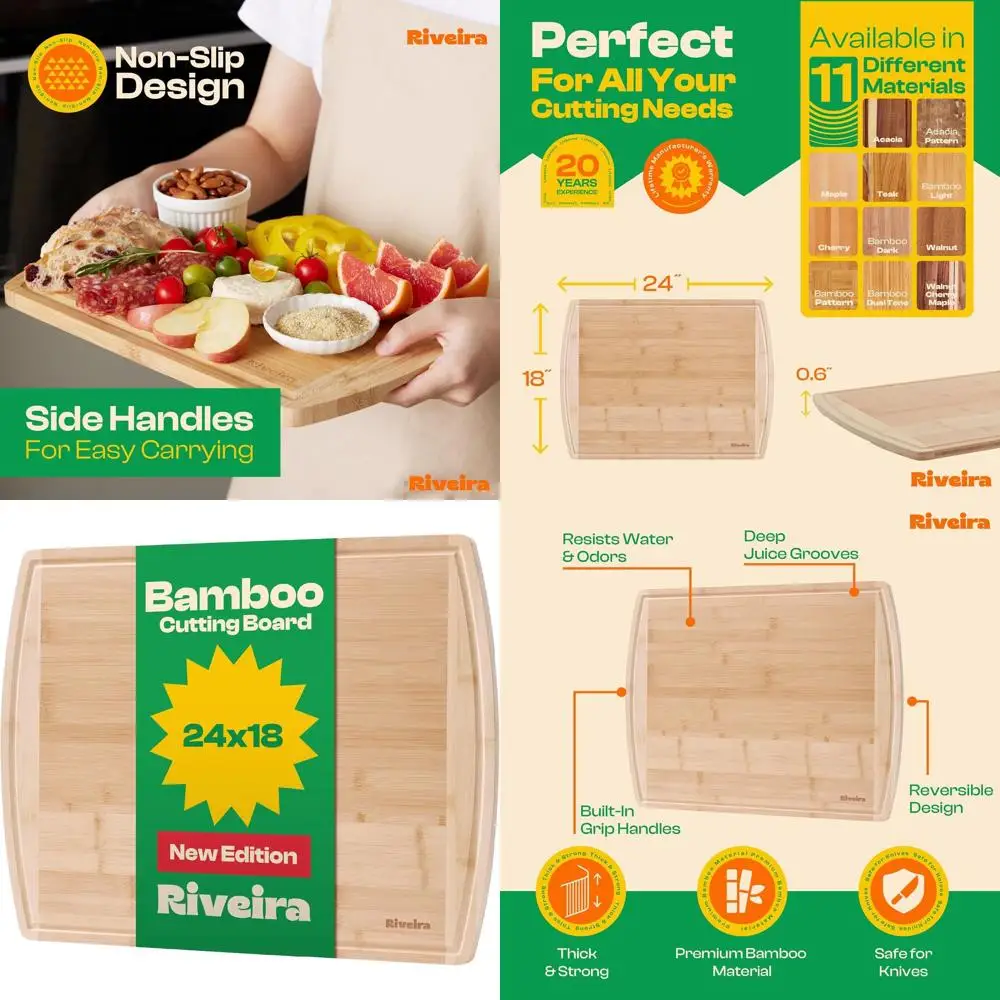 

Большая бамбуковая разделочная доска 24x18 — двухцветный дизайн с канавкой для сока для декора кухни и измельчения