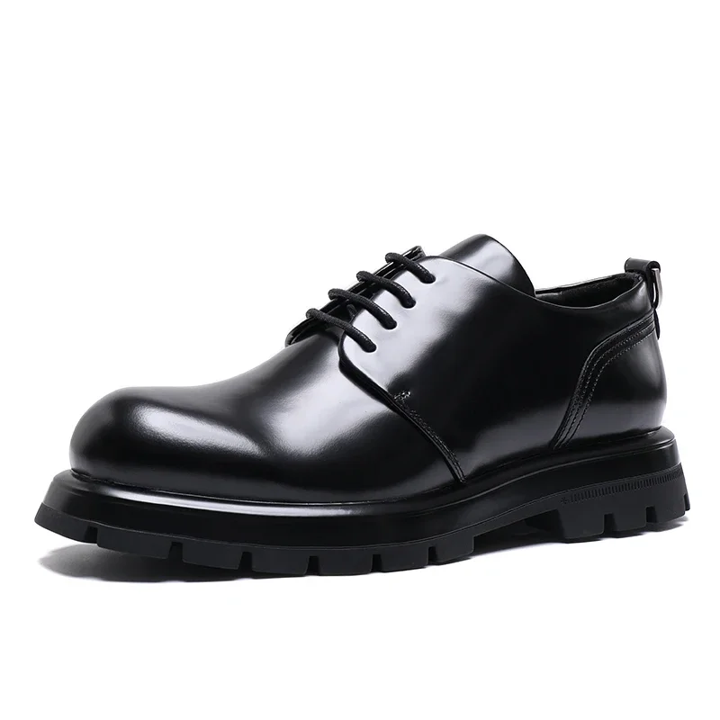 2024 Spring And Autumn New Leather Casual Formal Wear Men's Shoes Round Toe Thick Sole Lace-up Big Scalp Shoes