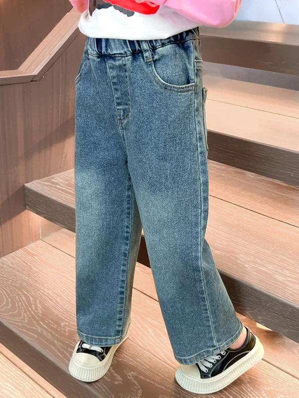 

Джинсы прямого кроя для девочек, удобные, весенне-осенние, универсальные, с натуральной талией, широкие штанины, свободный крой, из денима