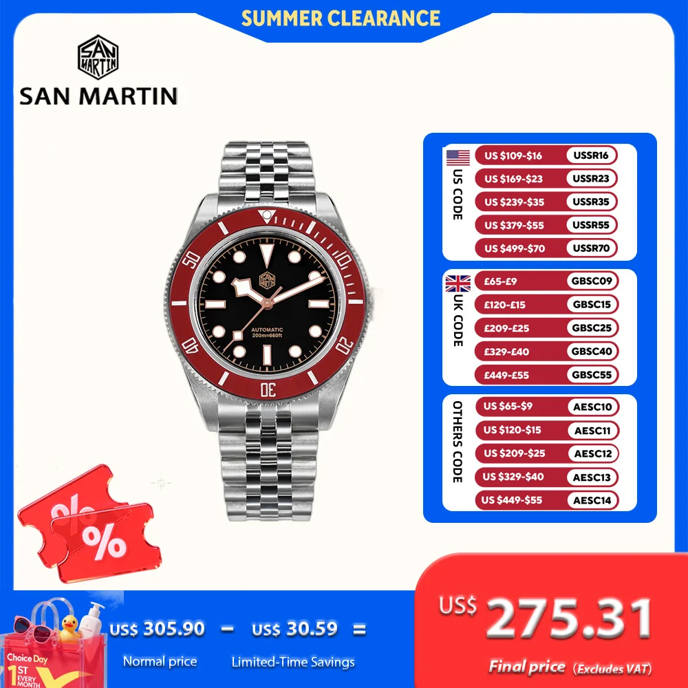 Reloj San Martin NH35 de 40mm para hombre, Reloj de pulsera mecánico de buceo, pulsera de 5 eslabones, bisel de cerámica resistente al agua, 20bar, BGW-9 Reloj SN0128