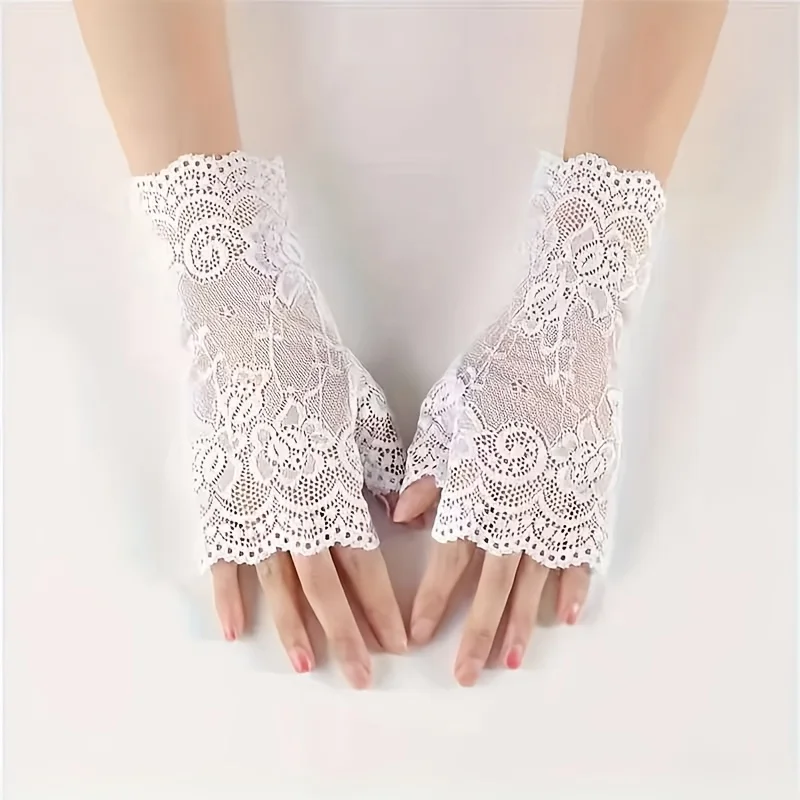 レースの女性用ハーフフィンガーグローブ |   セミフィンガーレス、日焼け防止、黒の花柄、アウトドア活動に適したストレッチフィット、レースアップ