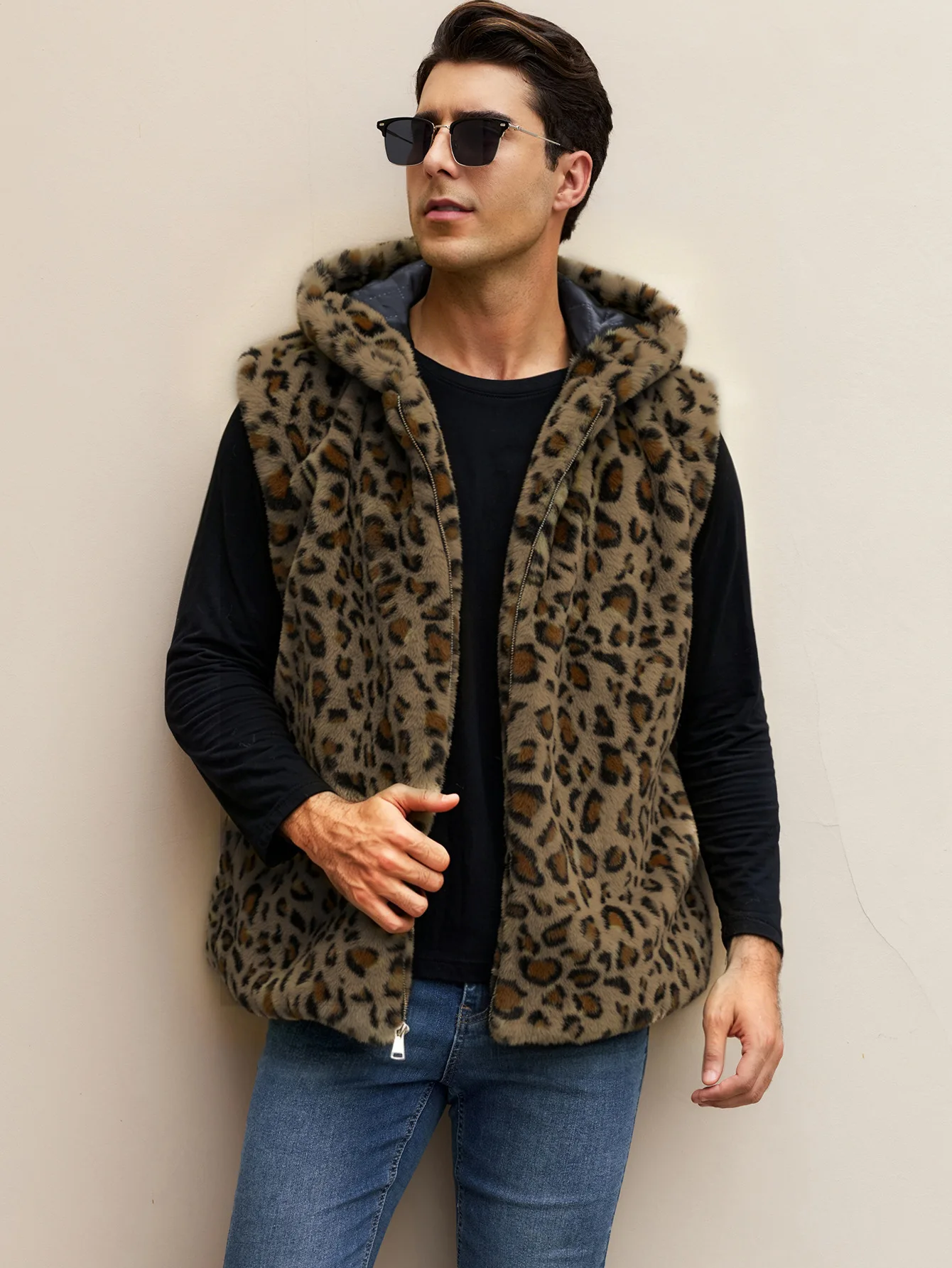 Men's Hooded Faux Fur Vest Leopard Print Top Coat Warm Casual Jacket for Autumn Winter