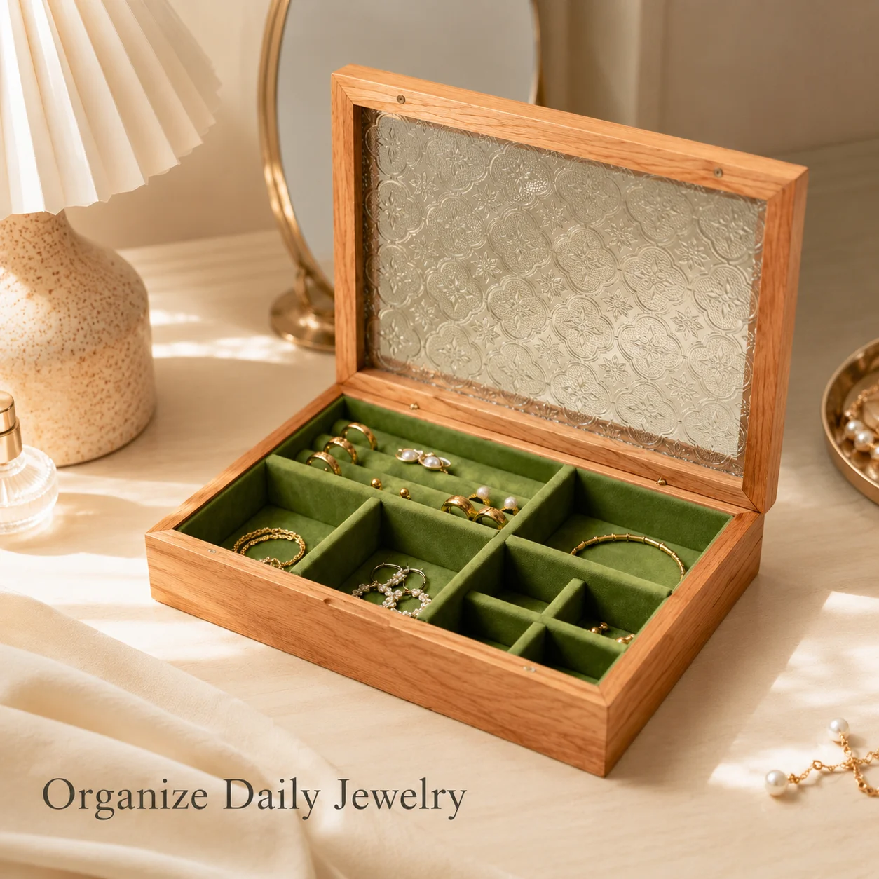 Cherry Wood Jewelry Box with Green Velvet Compartments Textured Glass Lid Ring Earring Necklace Bracelet Watch Storage Decor