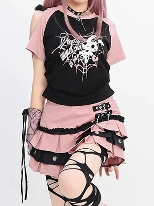 

Detachable Sleeves T-shirt and A-line Pleated Short Skirt Set Japanese Original Y2K Sweet Cute Girls Off-the-shoulder Tops