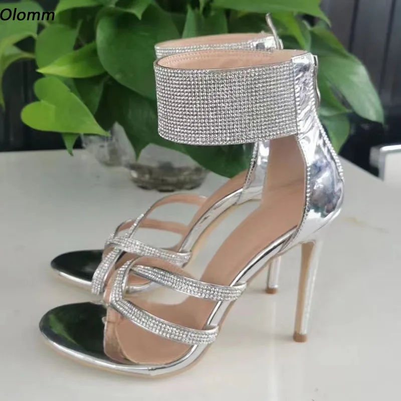 

Olomm New Fashion Women Sandals Crystal Sexy Stiletto Heels Round Toe Gorgeous Silver Night Club Shoes Size 35 47 52