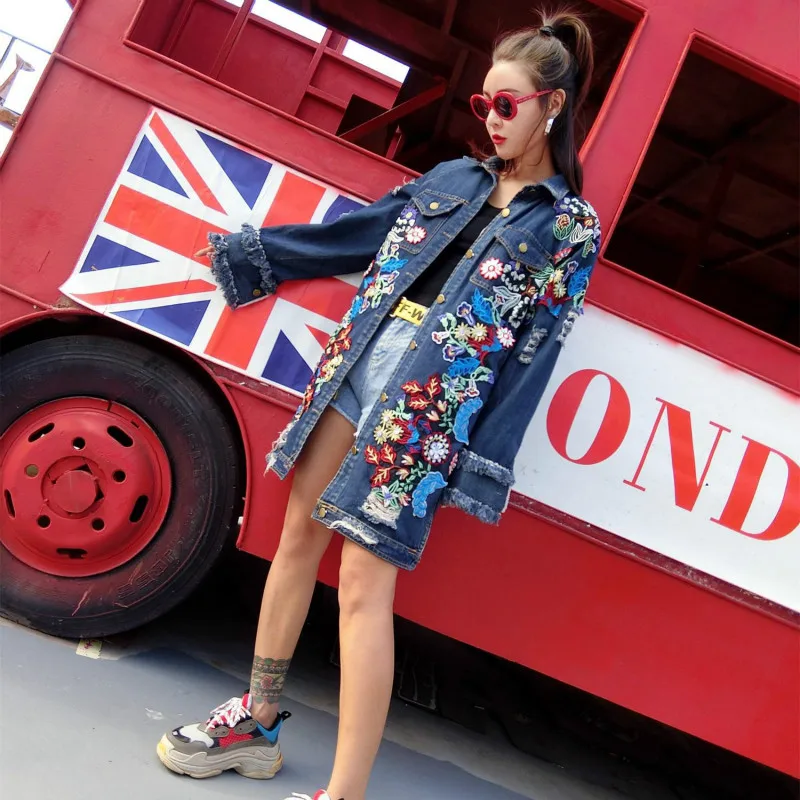 Paillettes Bomber ricamo floreale giacca di jeans cappotti di perline sciolto selvaggio lungo 3D perline fiori con paillettes fori Outwear Cardigan