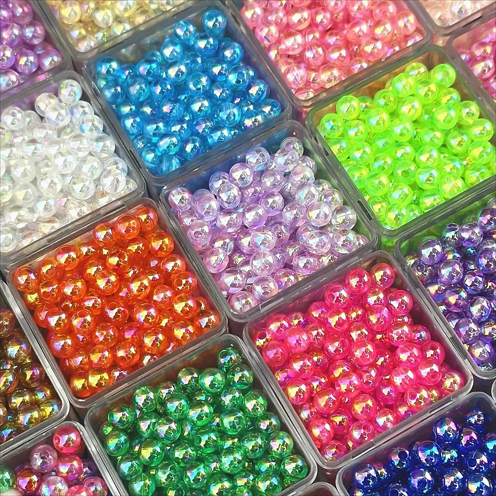 50PCS 8mm Clear AB Iridescent Round Spacer Beads, Multicolor Plated Transparent Beads for DIY Hair Rope Handcraft Ornaments