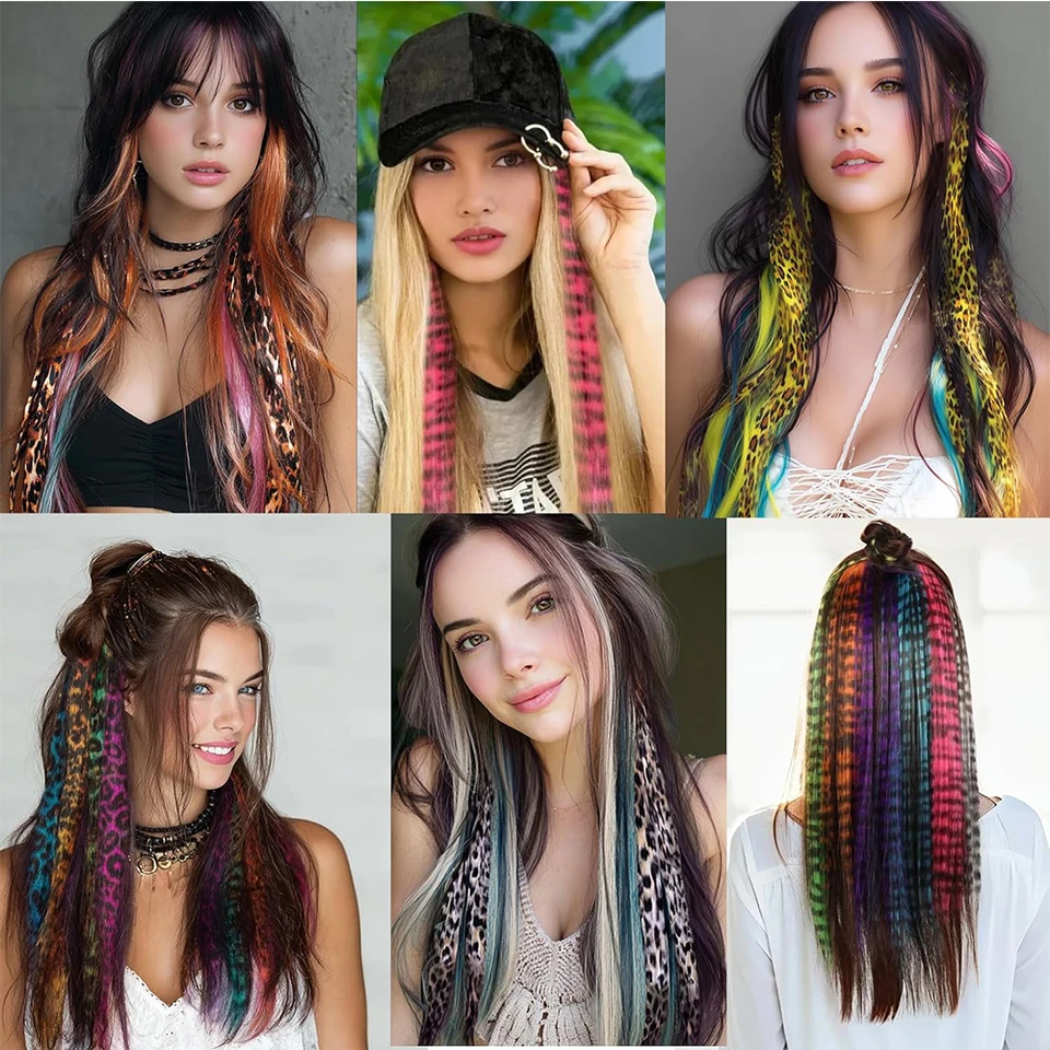 Extensiones de cabello con clip de rayas de colores, sintéticas con reflejos, 18 pulgadas, postizos lisos para uso diario y fiestas 6