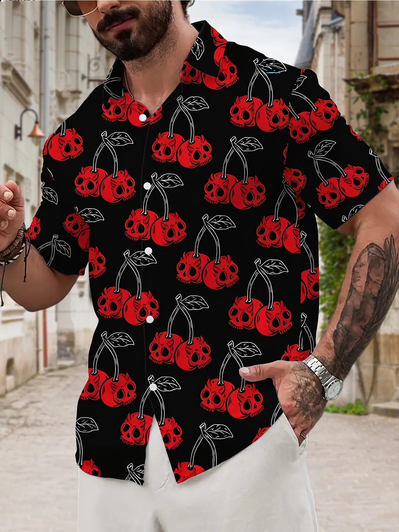 Unisex Loose Button Down Shirt Creative Cherry Skull Graphic Print Camp Collar Short Sleeve Outdoor Leisure Tops