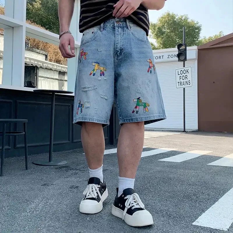 

2026 Summer Korean Style Men's Denim Shorts, Attractive Embroidery & Print Designs, Vintage Ripped and Worn Style, Casual Loose