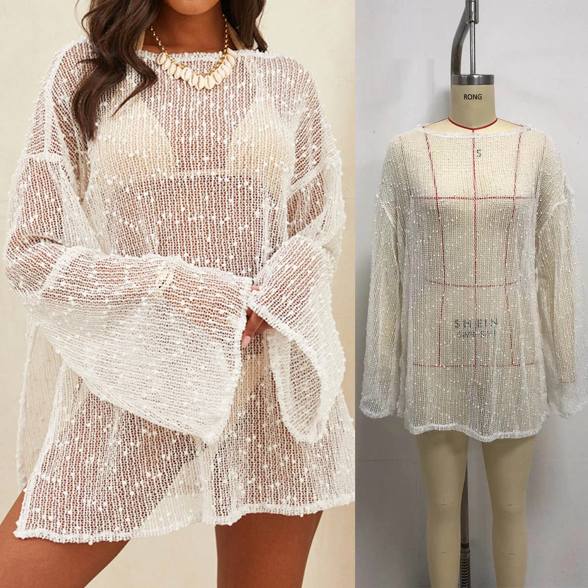 

Open-front pullover with glittery fabric featuring snowflakes a trendy round-neck long-sleeved design Perfect for beach outfit