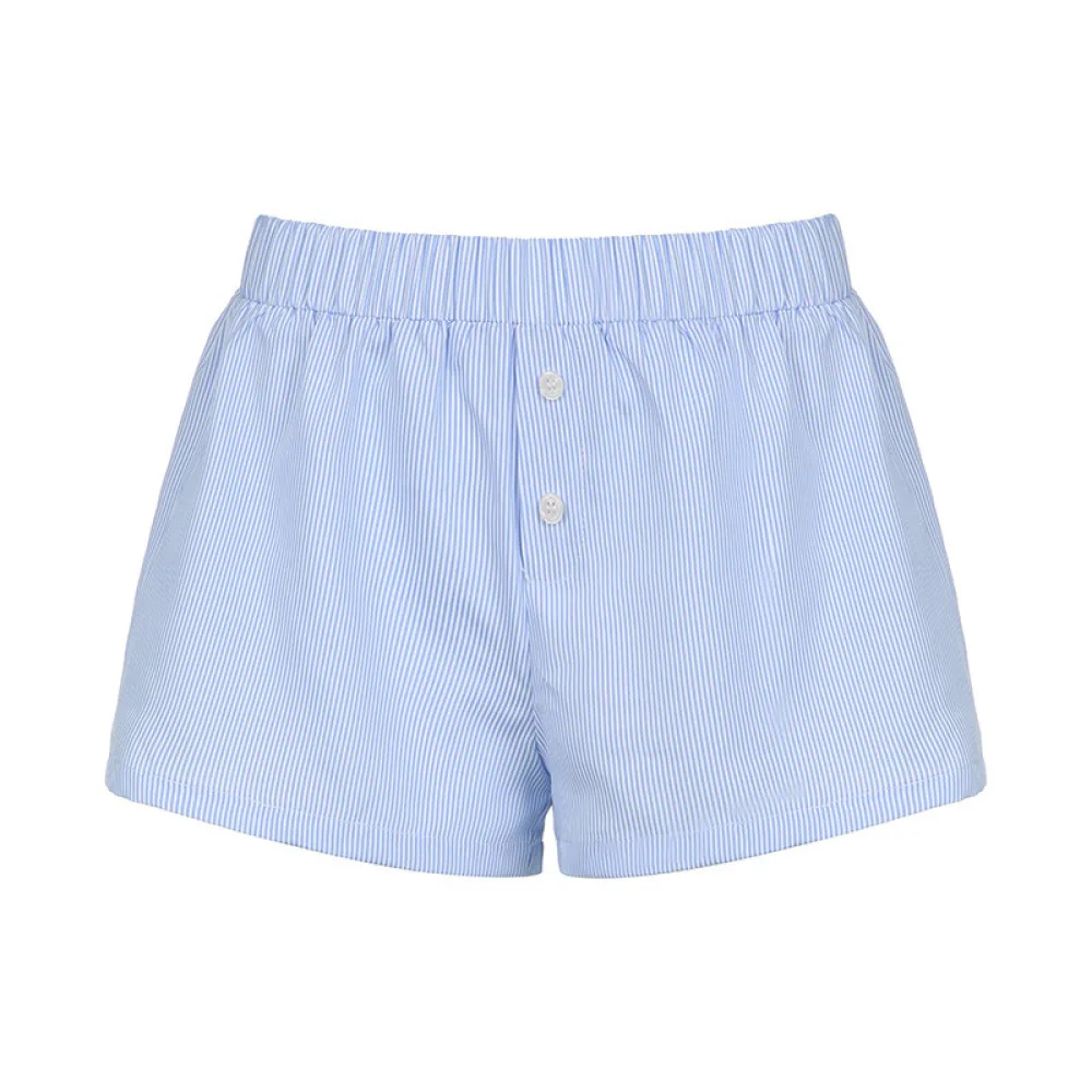 Summer Casual Blue Stripe Shorts Women Vacation Beachwear Elastic Waist Loose Fit Breathable Soft Fabric Daily Sport Bottoms