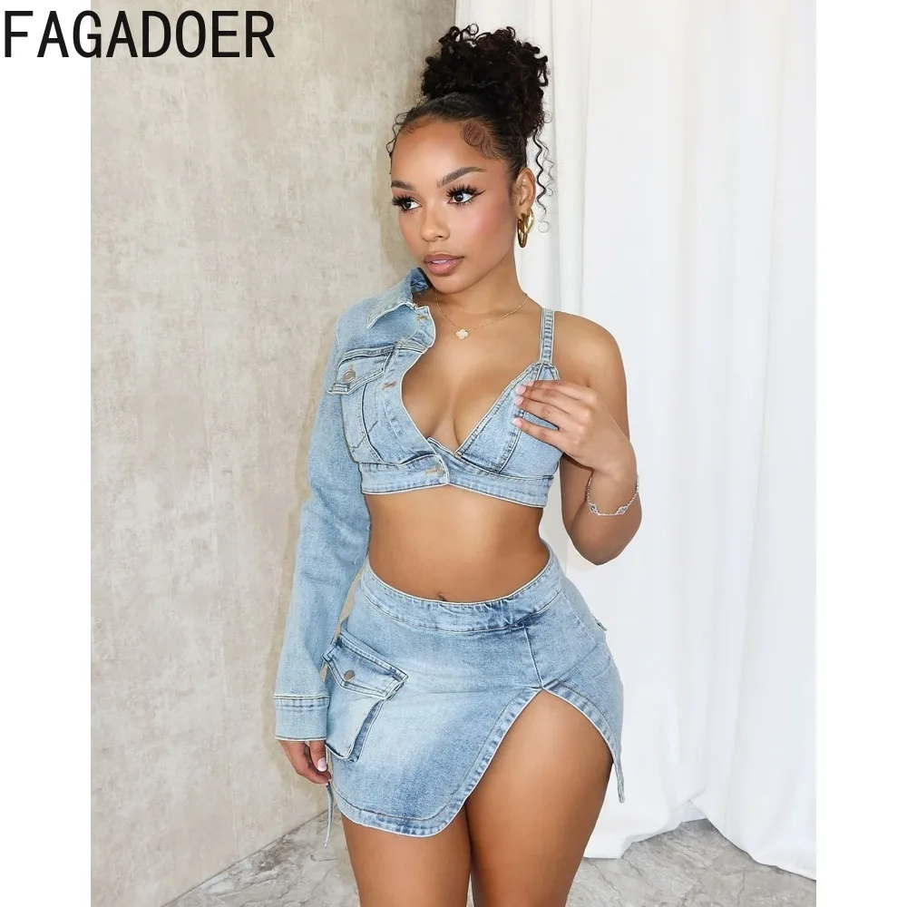 FAGADOER Blue Sexy Denim Backless Slit Two Piece Sets Women V Neck One Shoulder Long Sleeve Crop Top+Mini Skirts Cowboy Outfits