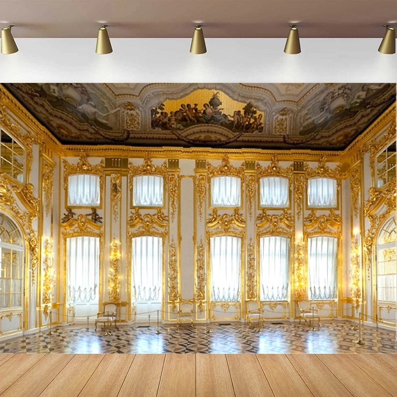 Luxurious Palace Photography Backdrop For Retro European Aristocratic Castle Noble Royal Interior Golden Hall Background Banner