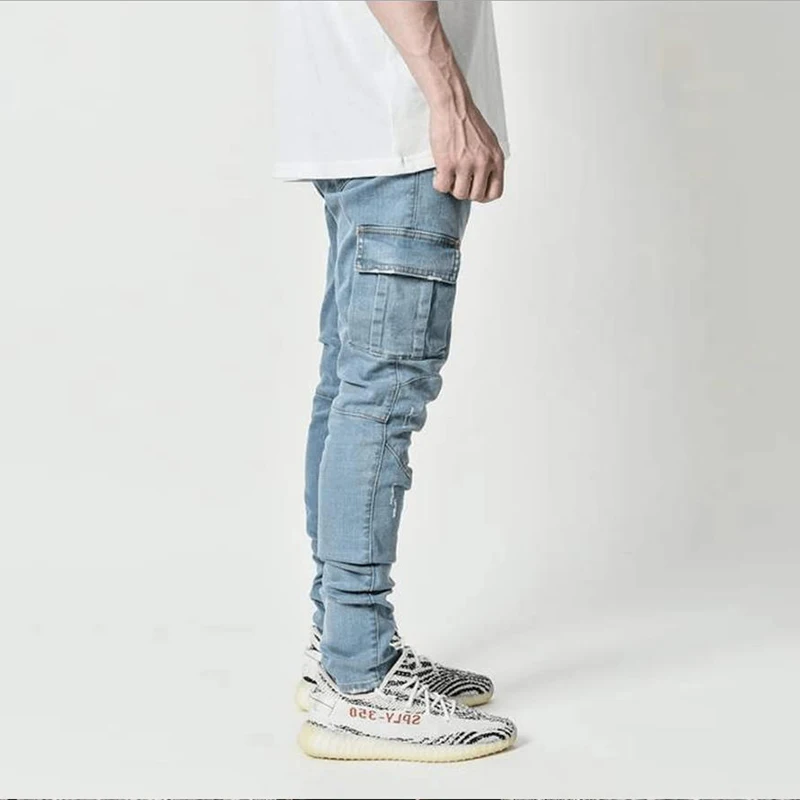 Fashion Mens Jeans Skinny Wash Pocket Denim Pants Boyfriend Streetwear Cargo Pants Straight Trousers Spring Summer Man Clothing