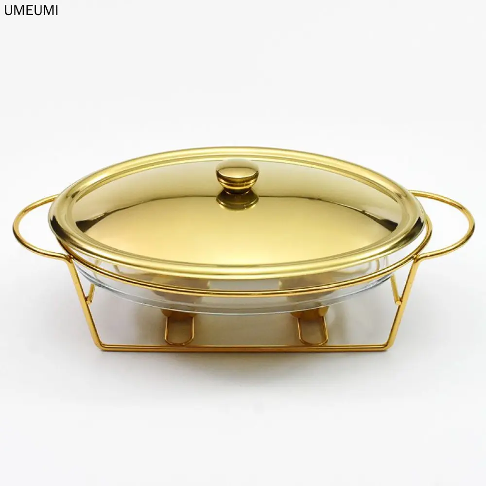 UMEUMI European style light luxury golden stainless steel metal stove glass alcohol candle insulation food warmer pot 3L