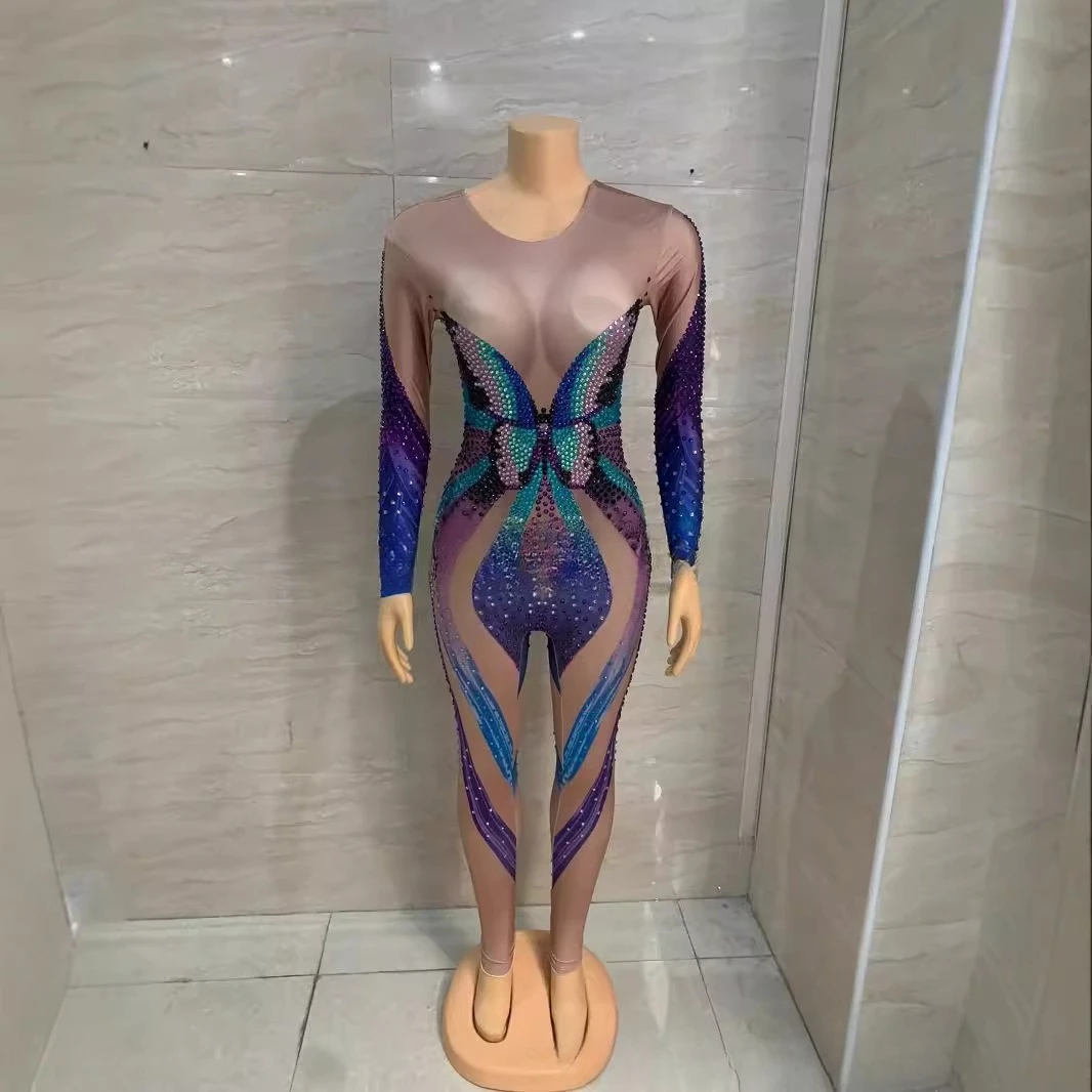 

Costume Car Model Catwalk Ring Acrobatics Female Song DJ Rhinestone Butterfly Printing Adult Stage Bestidos De Envaje Oars Mujer