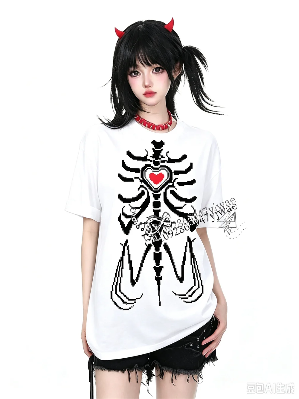 Need Streamer Overload Ame Chan Dark Punk Same T-Shirt Halloween-Kostüm Rundhals-Freizeit-T-Shirt Damen-T-Shirt Top – Detail 5