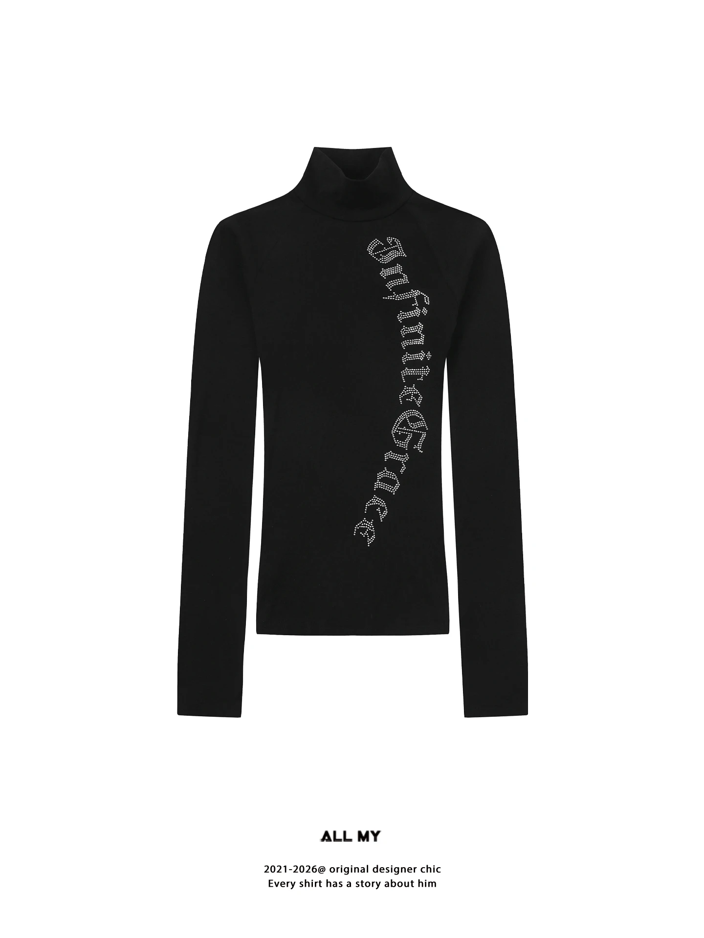 Camiseta Feminina Slim Fit de Manga Longa, Estilo American Hot Girl, com Detalhe de Diamantes no Ombro e Gola Média, Top de Primavera