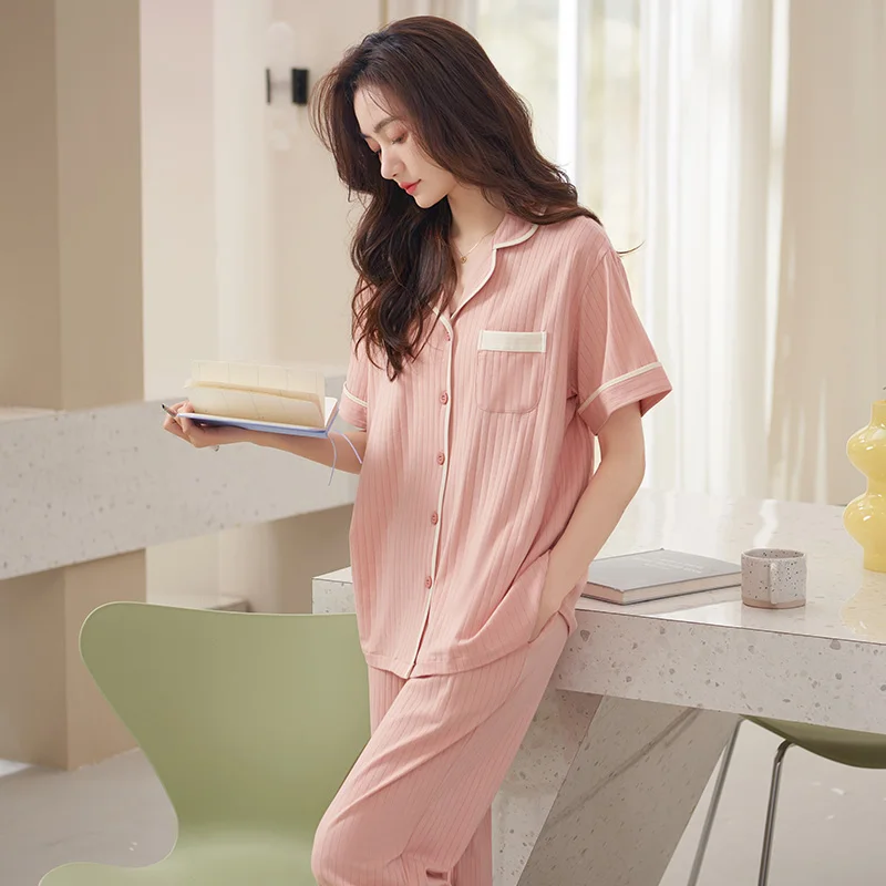 

Women Nightwear Suit Summer Short Sleeve Cardigan Tops + Long Pants Pajamas Casual Tracksuit Homewear Big Yards 3XL Pijama Mujer