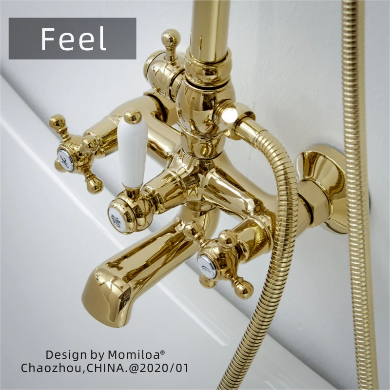 Light Luxury Shower Set with Retro Gold Elevating Rod, All Copper Top Sprinkler, Household Bathtub Faucet