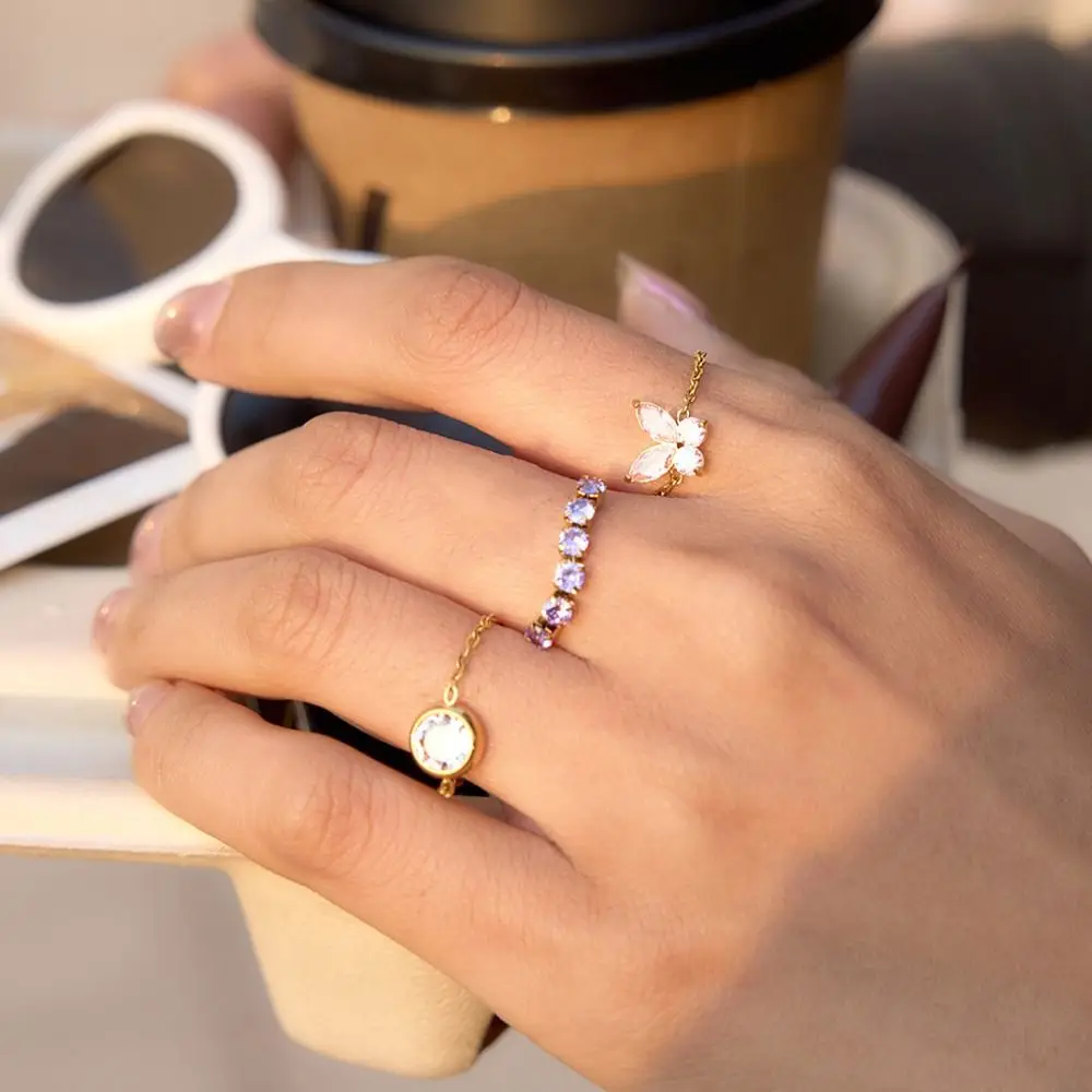 Waterproof Exquisite Zirconia Chain Rings Minimalist Elegant Adjustable Chain Ring Simple Stackable Women Link Chain Ring Party