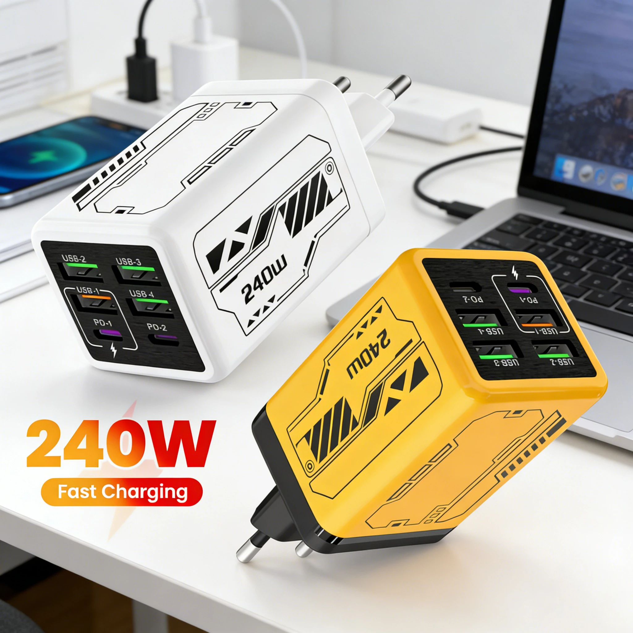 

Зарядное устройство USB C, 240 Вт, 6 портов, быстрая зарядка, зарядное устройство для настенного крепления EU/US/UK, адаптер быстрой зарядки Type C для iPhone, Samsung, Xiaomi