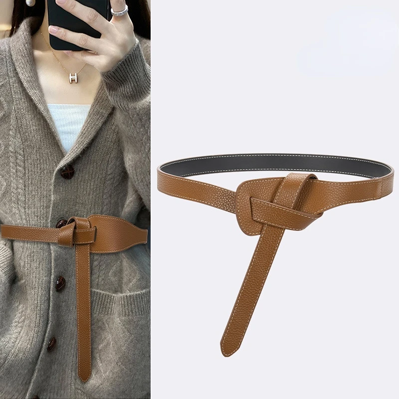 Lychee Knotted Belt Women's Leather Decoration with Coat Windbreaker Dress Fashion Waist Wide Waist Seal