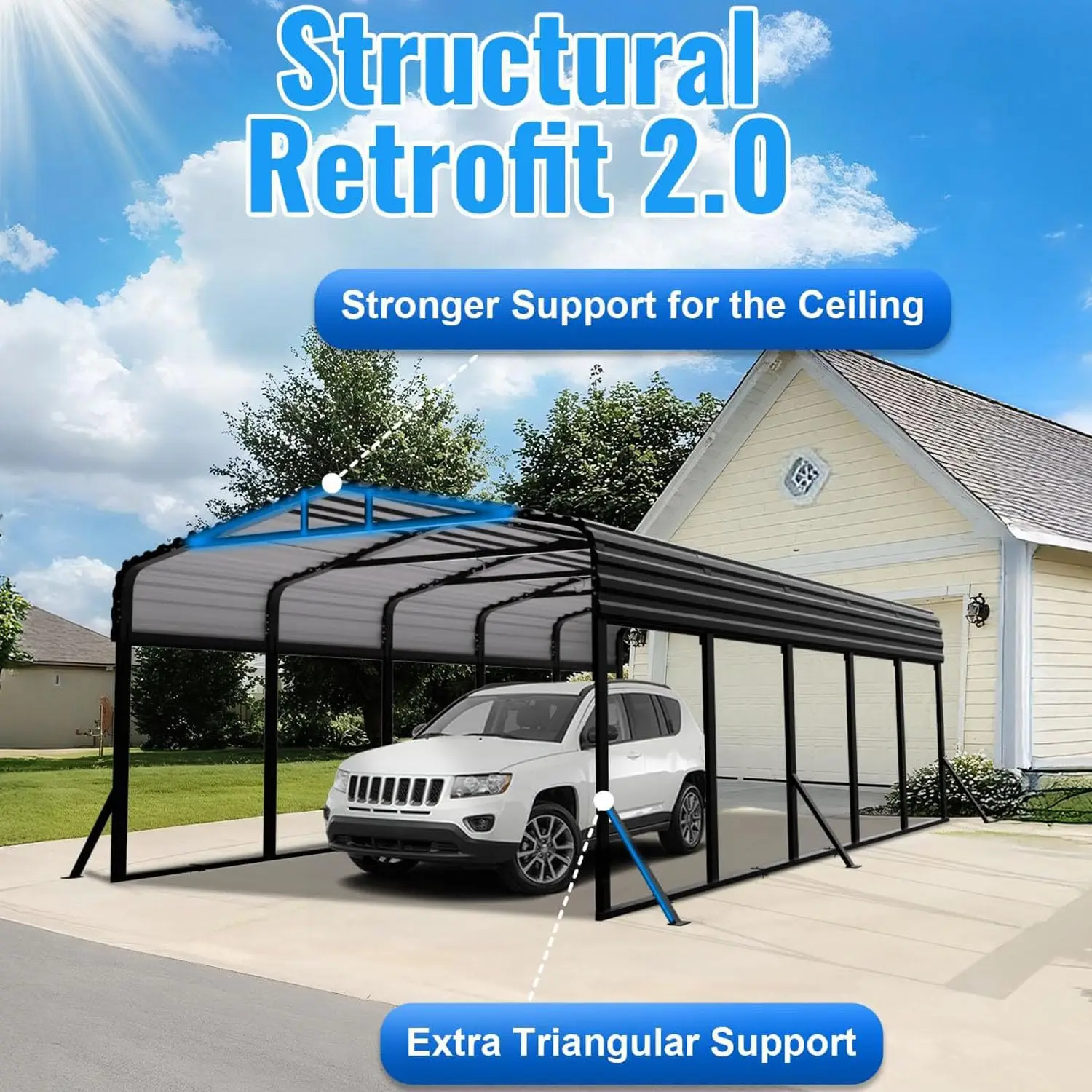 

12x25FT Heavy Duty Metal Carport, Extended Design with Reinforced Frame & Side Support Poles, All-Weather, Customized