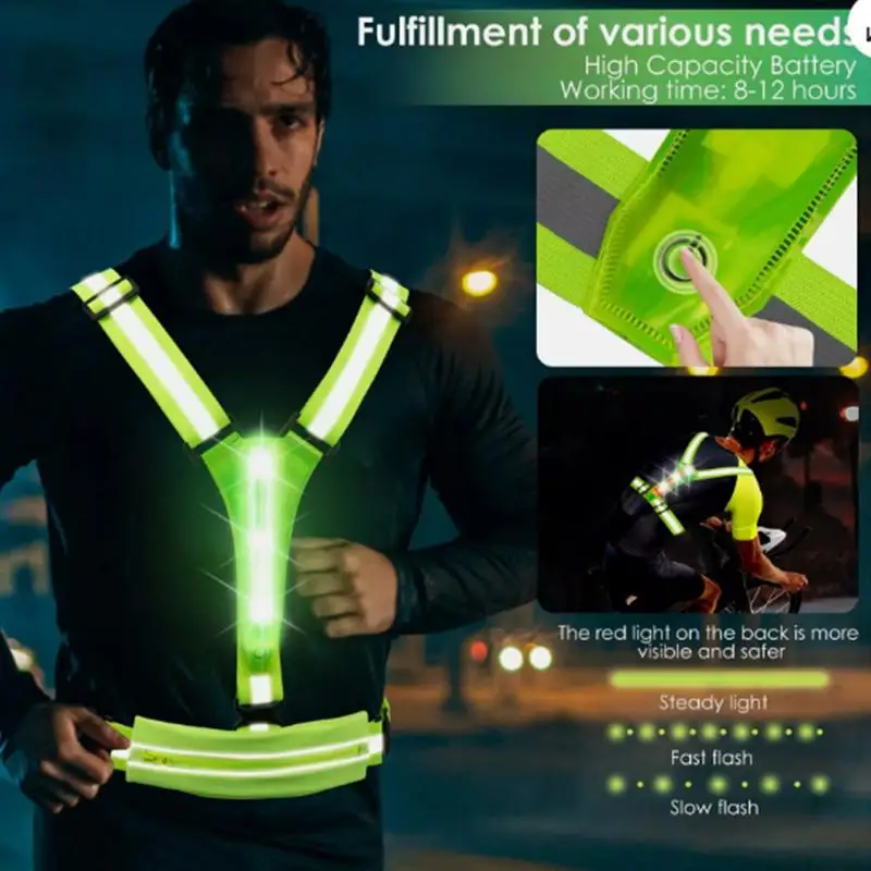 Cycling Running Luminous Vest Safety Reflective Vest LED Light Adjustable Cycling Vest Night Warning Work Fishing Sports Vest