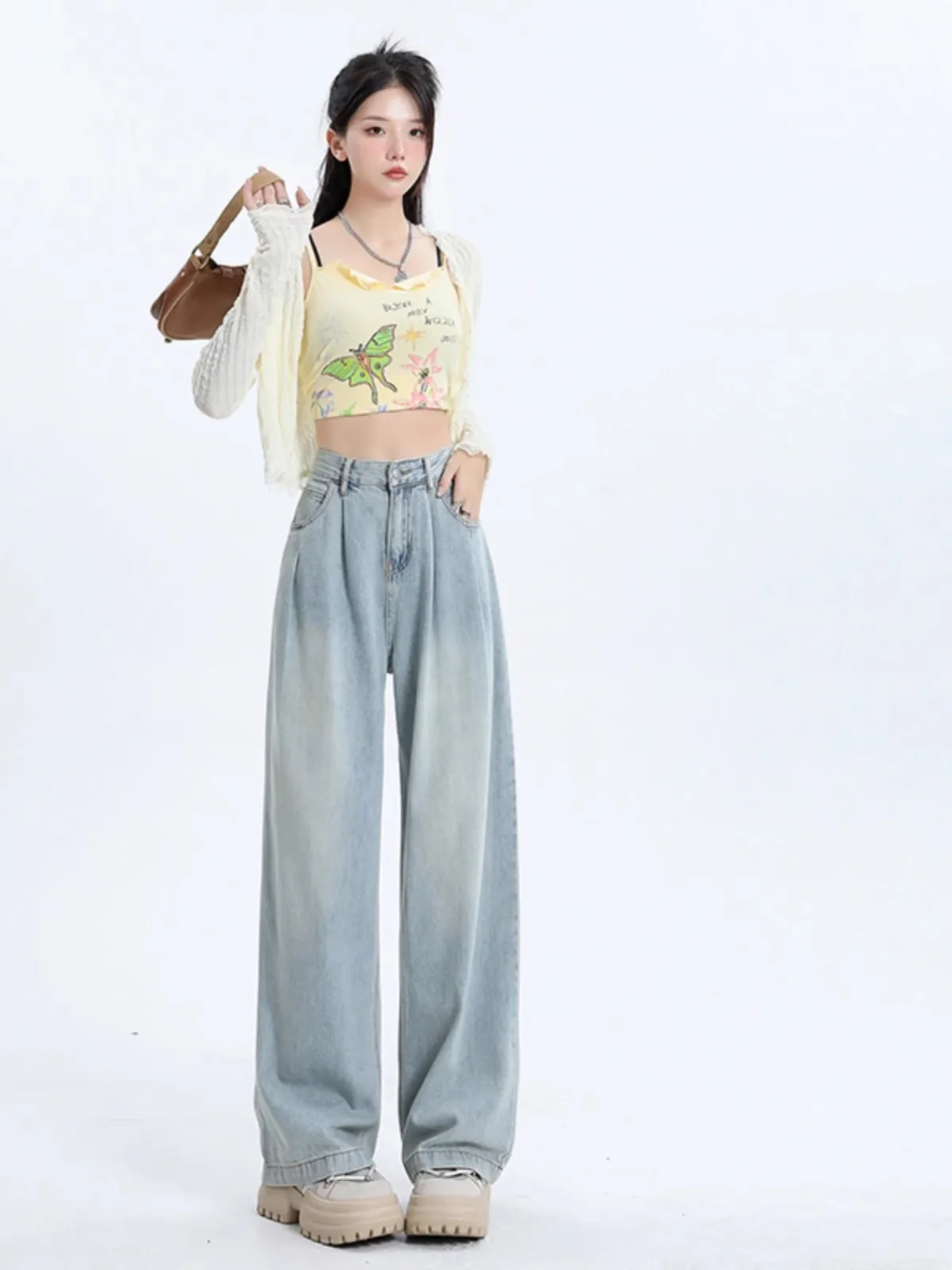 Dżinsy damskie z wysokim stanem, proste nogawki, wiosenno-jesienne, cienkie, szerokie nogawki do ziemi, codzienne, wygodne, luźny krój, denim