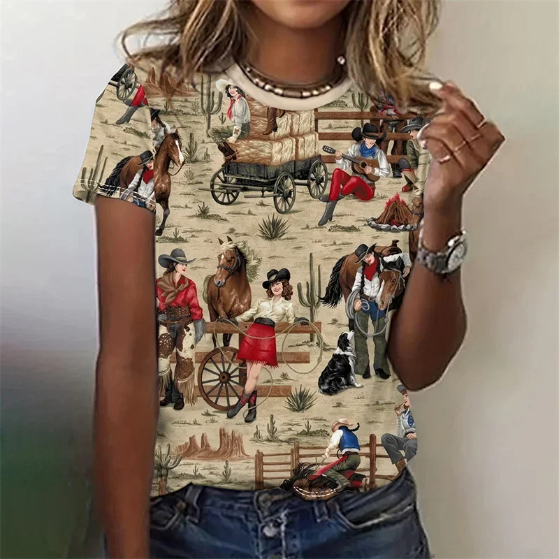 3D Printed Cowboy Horse T-Shirt for Women Colorful Animal Graphic T Shirts Summer Loose Tees Short Sleeves Round Neck Tops
