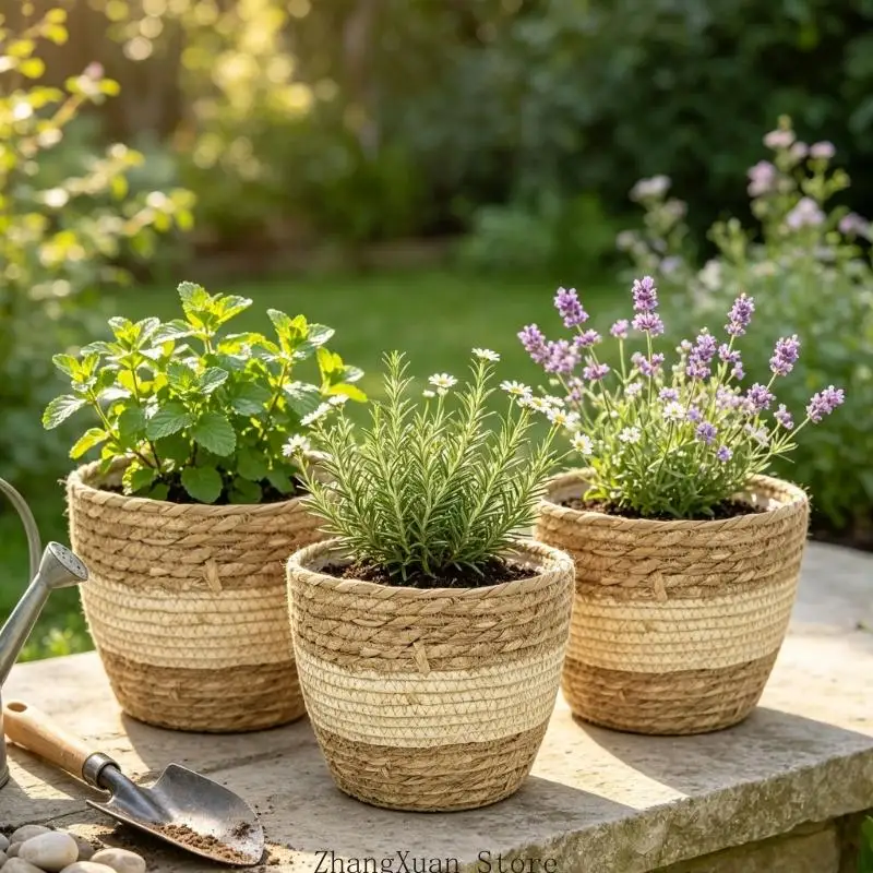 3 Stück neutrale farbblockierte Blumentopfkörbe, abgestufte Naturfaserabdeckungen 3XUF – Detail 9