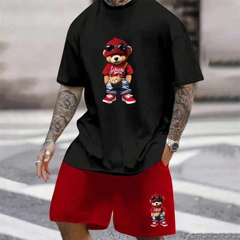 

Men's fashion 3D teddy bear printed T-shirt shorts 2-piece set summer breathable fashion breathable quick drying 2-piece set