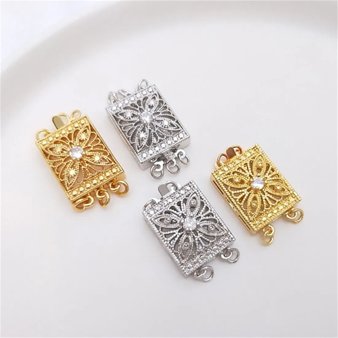 

Vacuum Plated 18K Real Gold, White Gold Inlaid with Zircon, Atmospheric Rectangular Multi Row Pearl Buckle DIY Jewelry Buckle