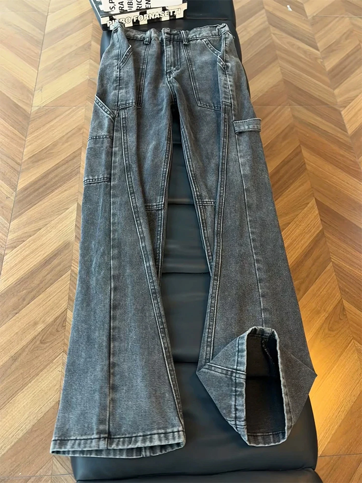 

Мужские зимние джинсы с косым кроем, деконструированные, в американском уличном стиле, прямые, свободные, рабочие брюки, повседневные, свободного кроя