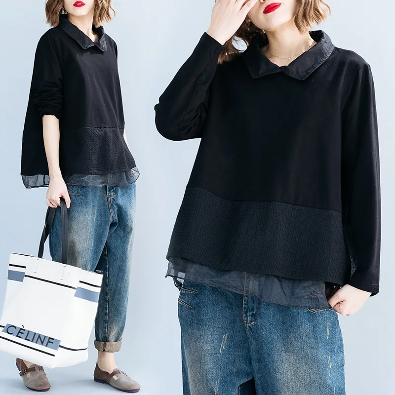 Loose Fit Lace Ogees Long Sve irt Artistic Women's Faion Autumn New Sle Korean Version Big Size Patchwork Sweatirt