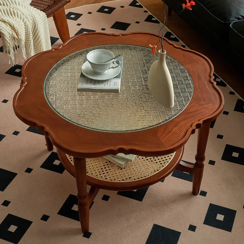 for French Retro Coffee Table Solid Wood Rattan Flower Round Glass Living Room Home Designer Simple Modern Small Apartment