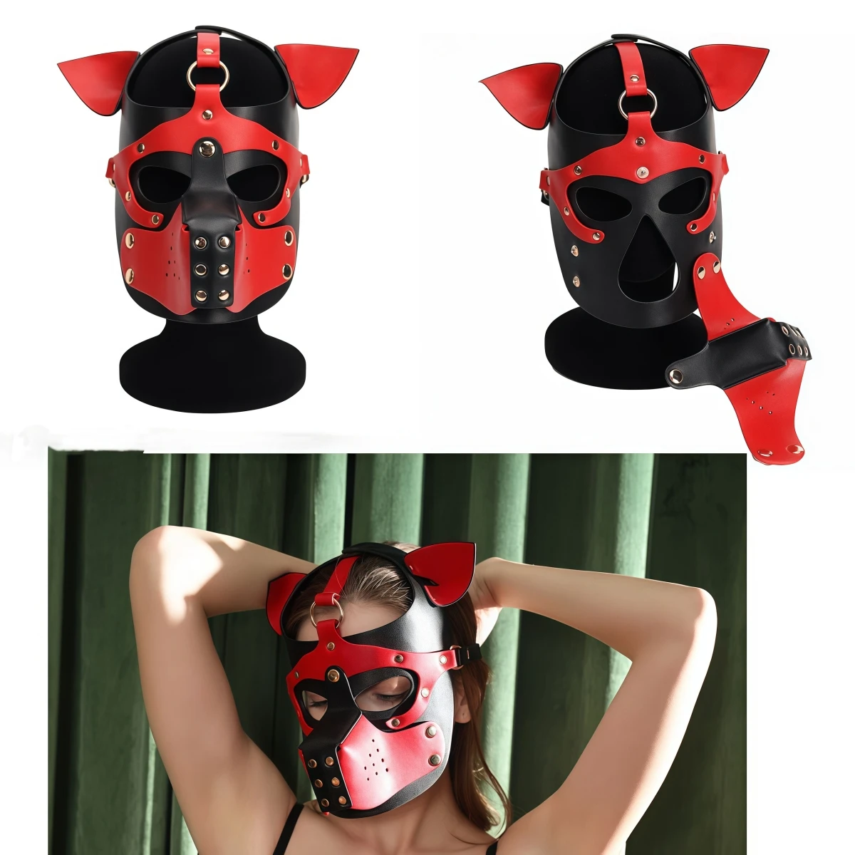 Unisex Fetish RolePlay Sexy Costumes Leather Harness Dog Masks Headgear for Halloween Carnival Masquerade Party Cosplay Fun Prop