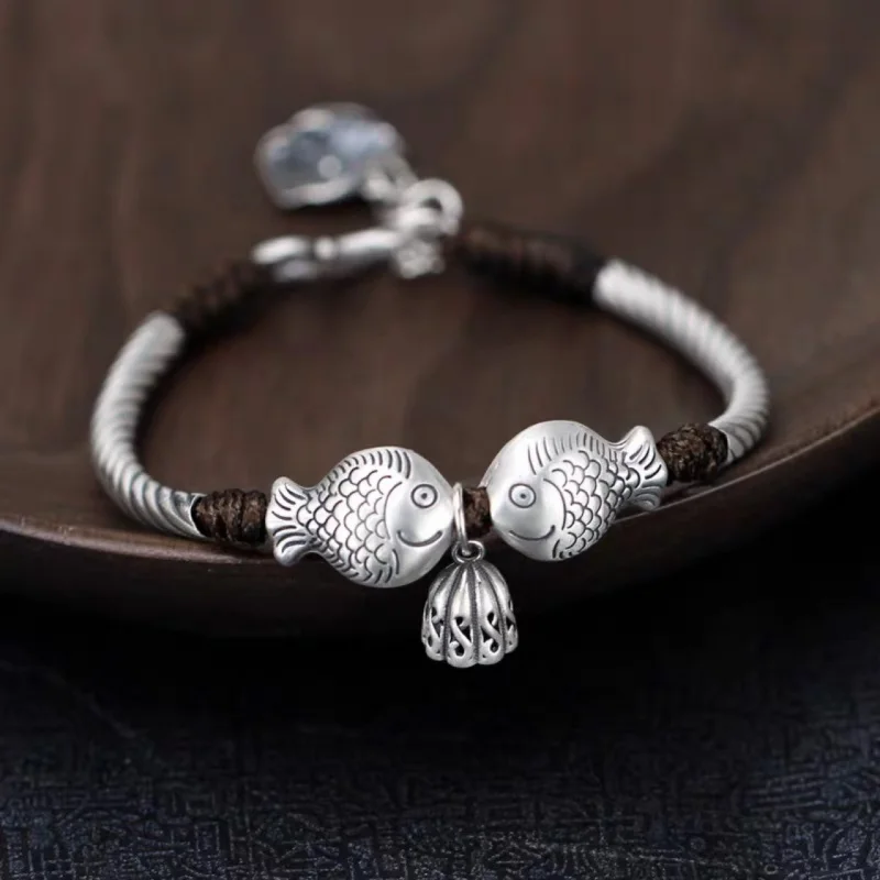

999 Silver Fish Bracelet Women With Tassel Handmade Rope Jewelry