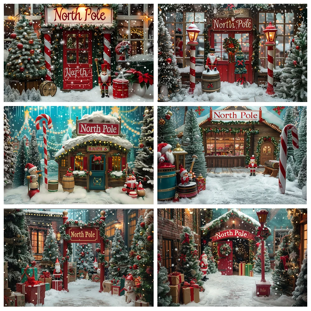 

Christmas Photography Background North Pole Candy Cane Town Fairy Tale Backdrop Xmas Gift Shop Kids Winter Outdoor Photocall
