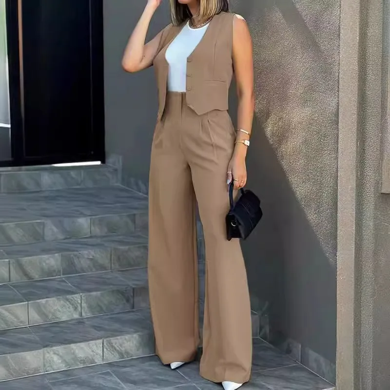 New Arrivals 2024 Spring Summer New Women's Clothing Solid Color V-neck Vest Top High Waist Casual Trousers Suit