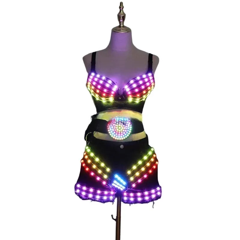 

New LED Costumes Light Up Bra Sexy Lady Party Dance Suits With Belt DJ Nightclub Bar Glowing Clothing Stage Show Tutu Skirt