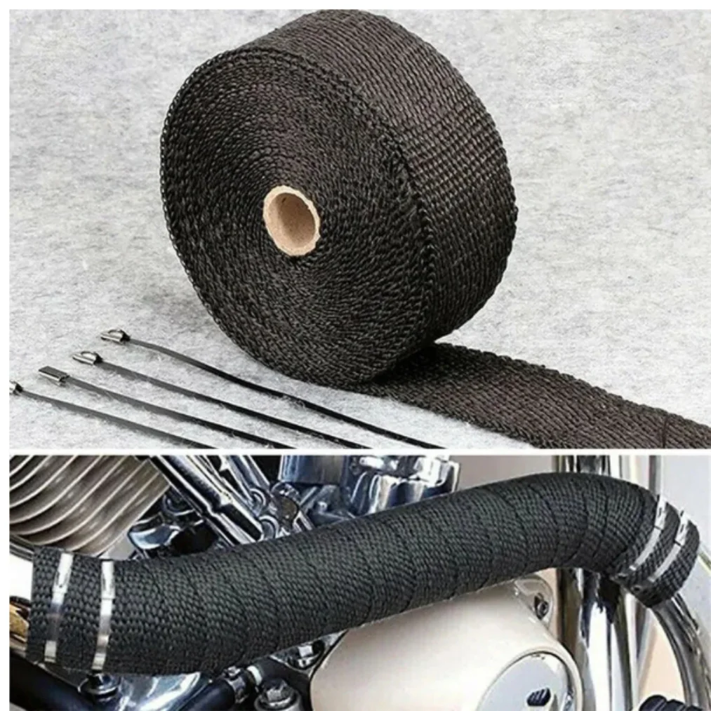 

5M Roll Fiberglass Heat Shield Motorcycle Exhaust Thermal Tape Header Pipe Heat Wrap Tape Thermal Protection with Stainless Ties