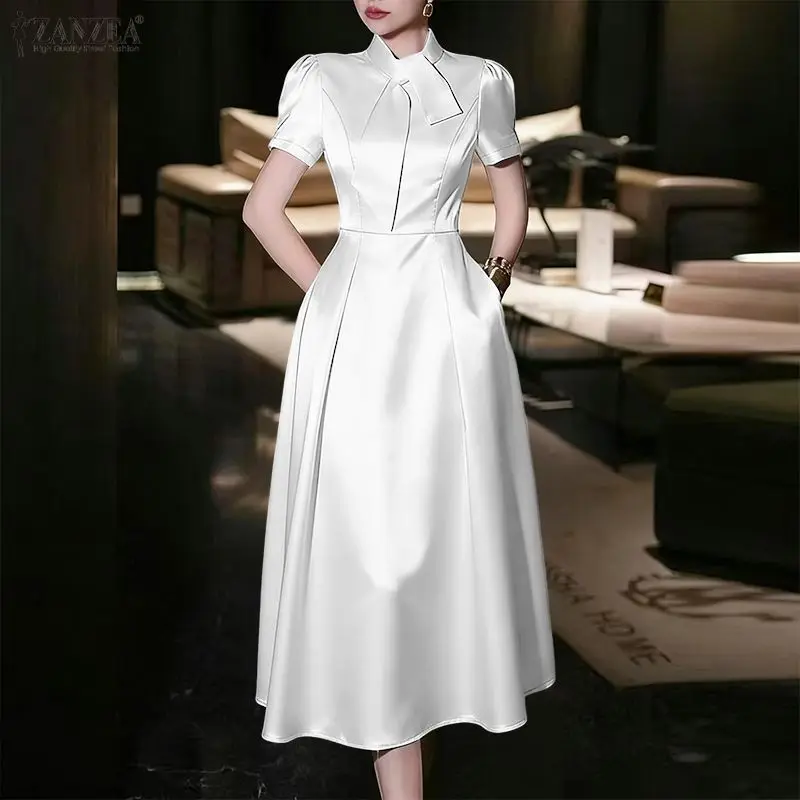

ZANZEA Women's Satin White Party Dress Elegant Tie-Neck Short Sleeves Fit and Flare A-Line Midi Dresses Woman Office Clothes 3XL