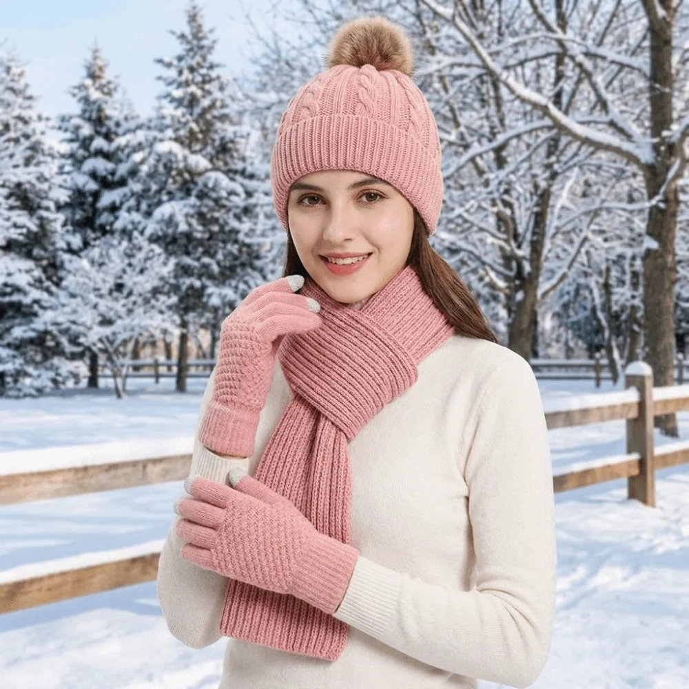 3Pcs/Set Cold Proof Scarf Hat Gloves Set Elastic Warmer Mittens Pullover Cap Acrylic Fibers Touch Screen Knitted Scarf Cycling