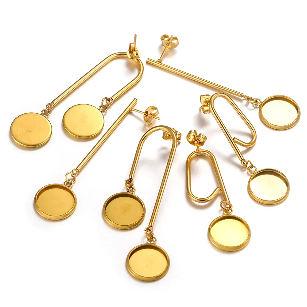 10pcs/lot Stainless Steel Gold Plated Pendant Earring Base Blanks for DIY12mm Cabochon Border Setting Material Jewelry Making